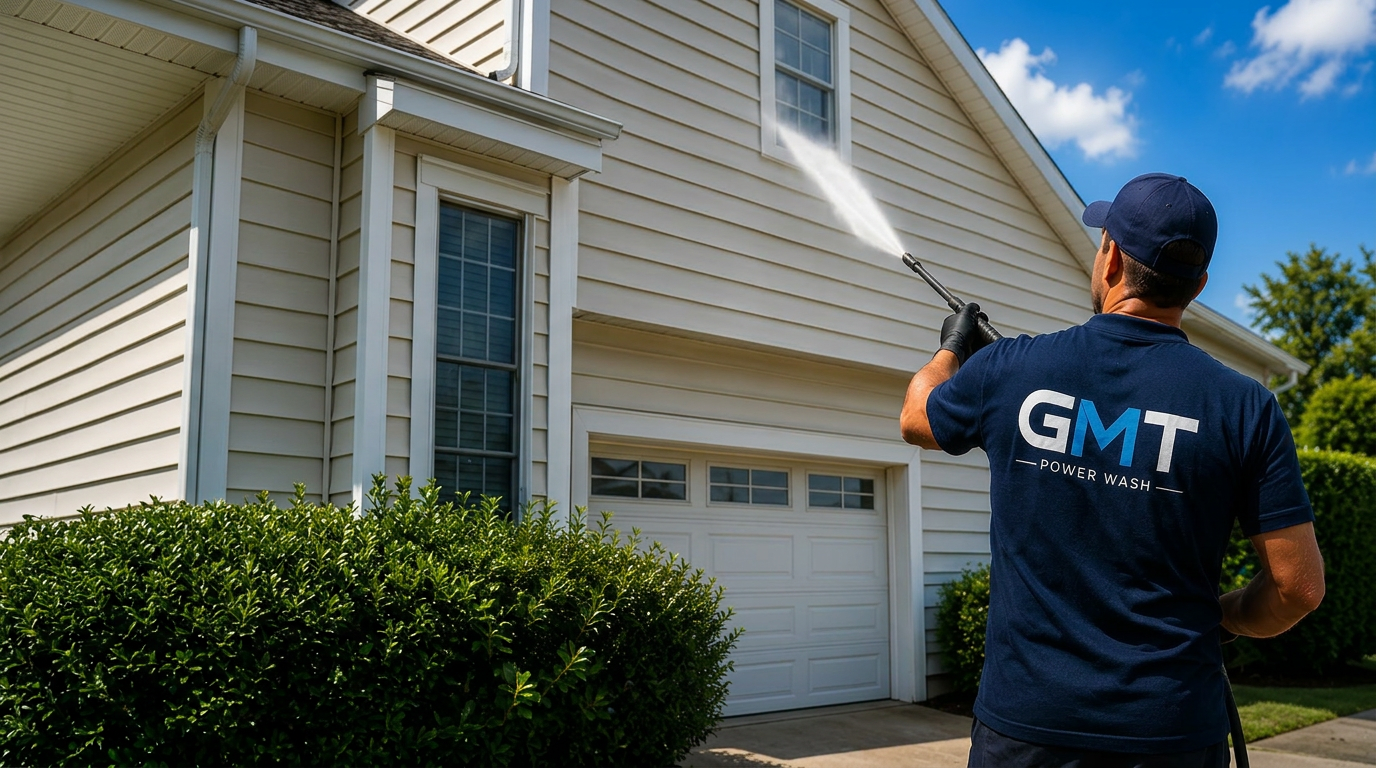 Professional power washing a residential home exterior